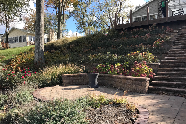 stone stairs with decorative tiered planters
